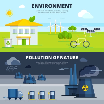 Environment and pollution of nature horizontal banners set flat isolated vector illustration