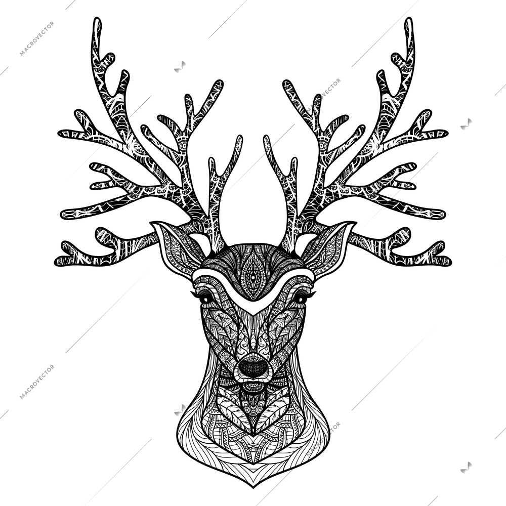 Wild deer hand drawn portrait with decorative ornament vector illustration