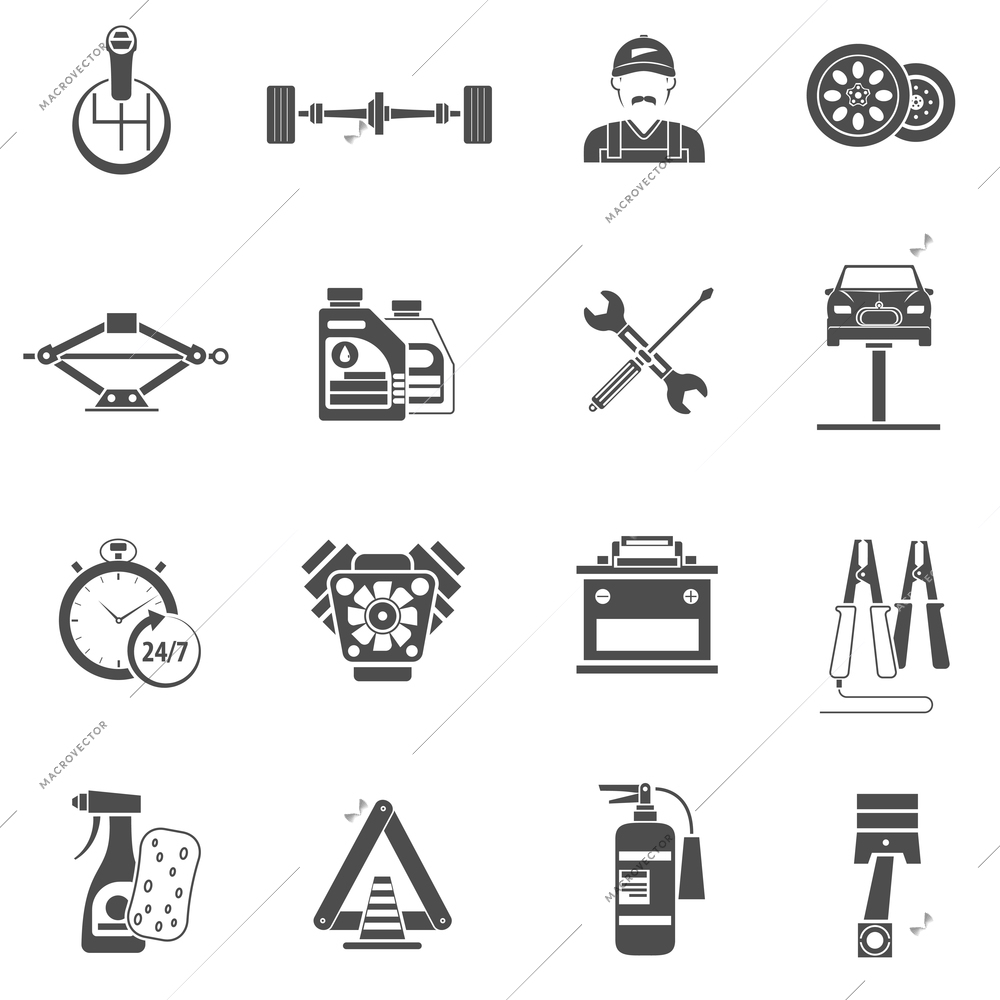 Car service icons black set with auto spare parts isolated vector illustration