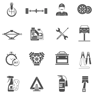 Car service icons black set with auto spare parts isolated vector illustration