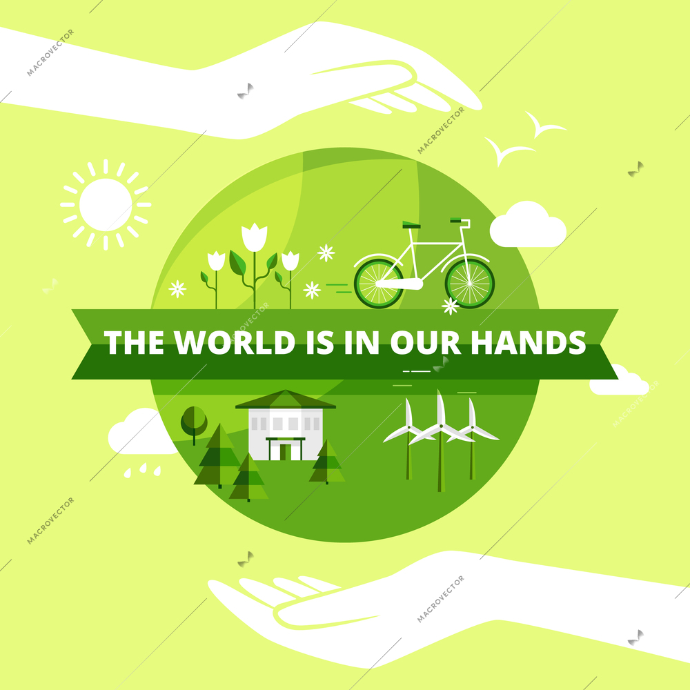 Ecology friendly design with world in hands sun and clouds flat vector illustration