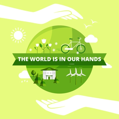 Ecology friendly design with world in hands sun and clouds flat vector illustration