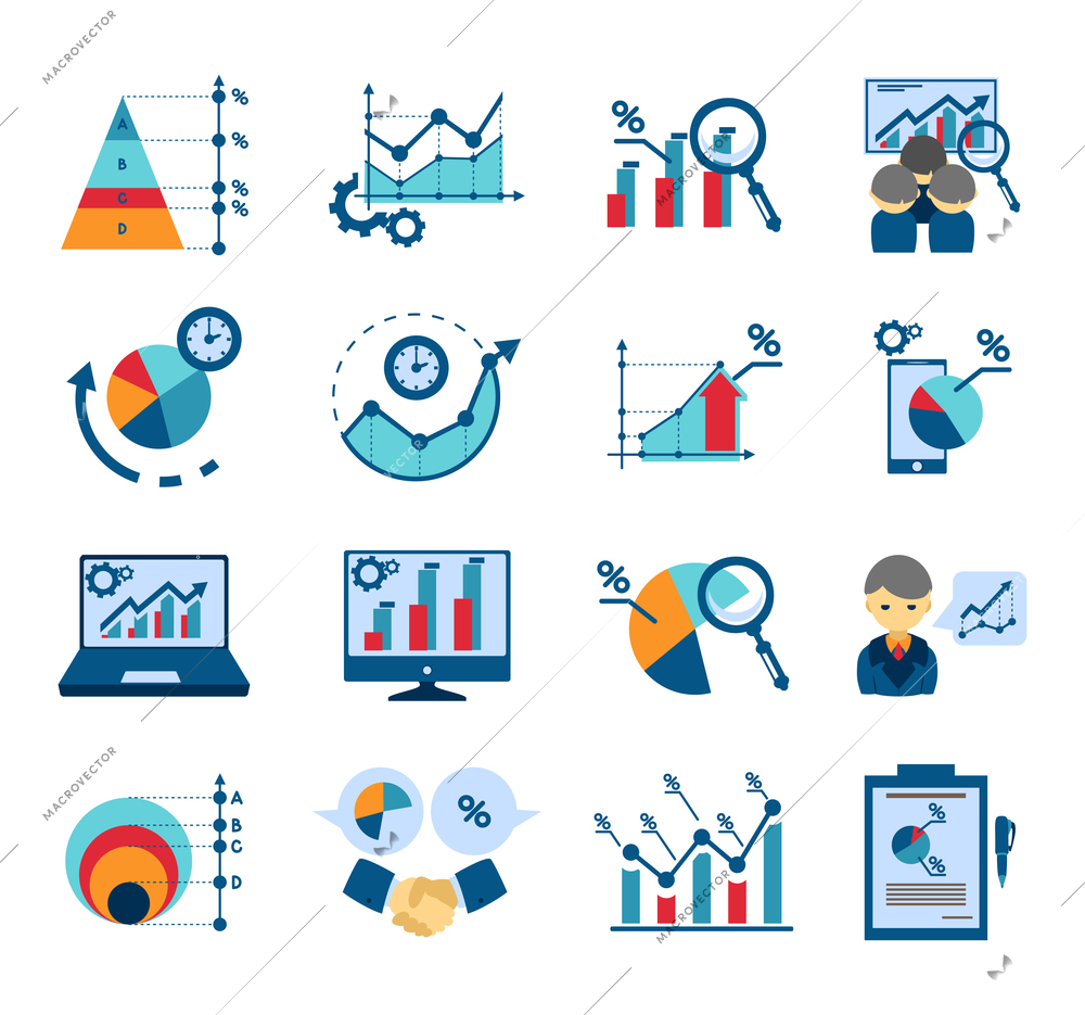 Data analysis techniques for effective business management and market research flat icons collections  abstract isolated vector illustration