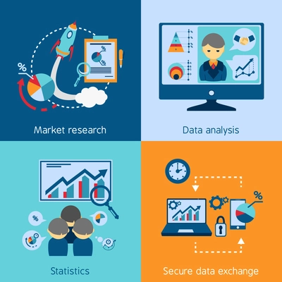 Market research statistic data analysis and exchange 4 flat icons square composition banner abstract isolated vector illustration