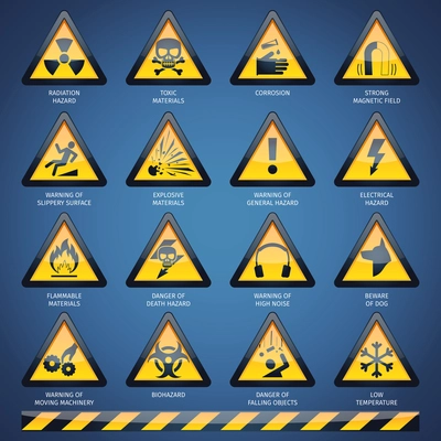 Dangerous hazard and other warning signs set isolated vector illustration