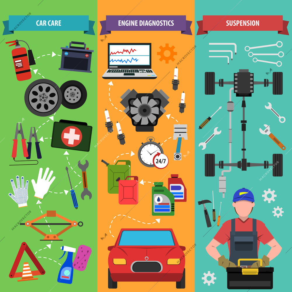 Car service vertical banner set with engine diagnostics elements isolated vector illustration