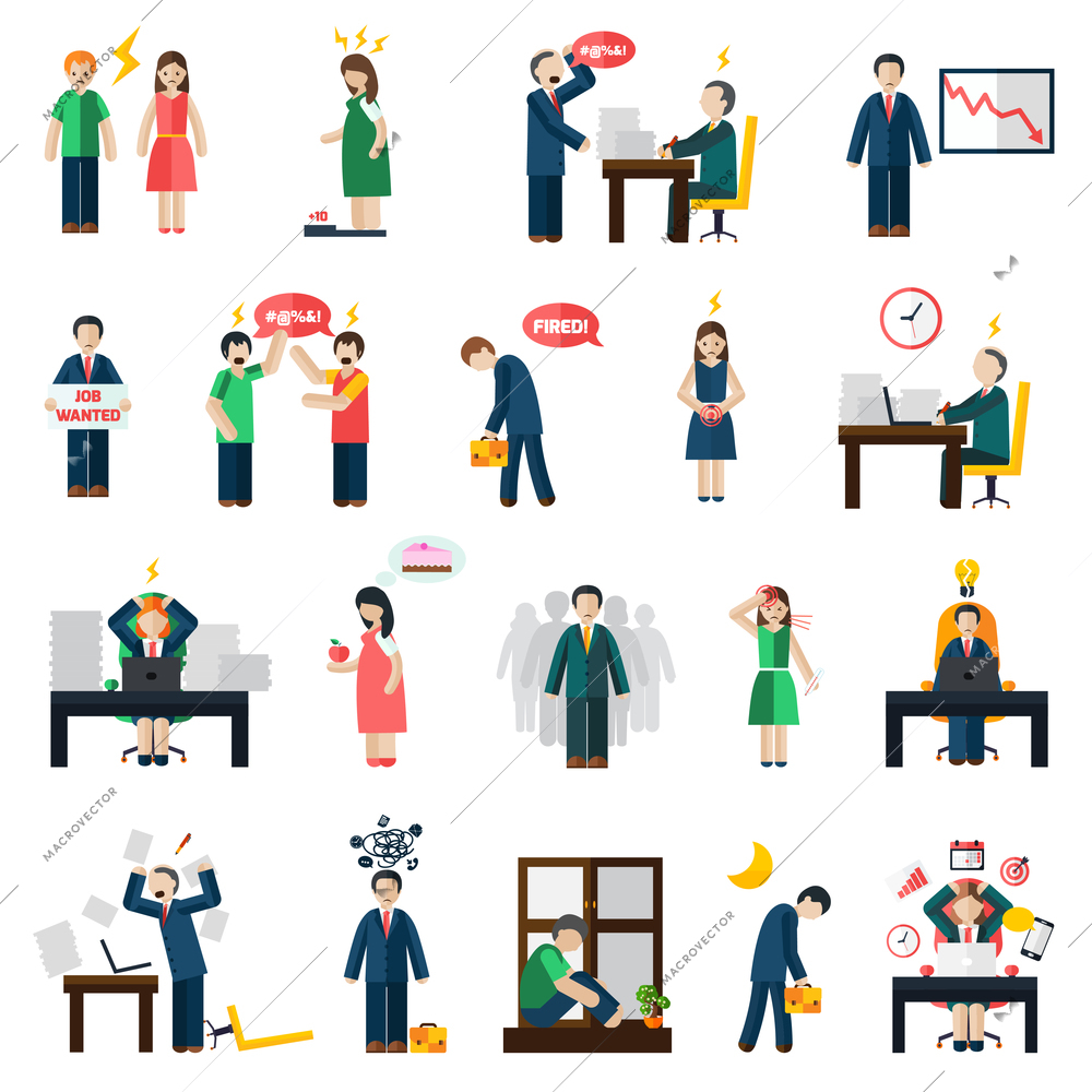 Work and job loss related stress and depression symptoms mental health icons set abstract isolated vector illustration