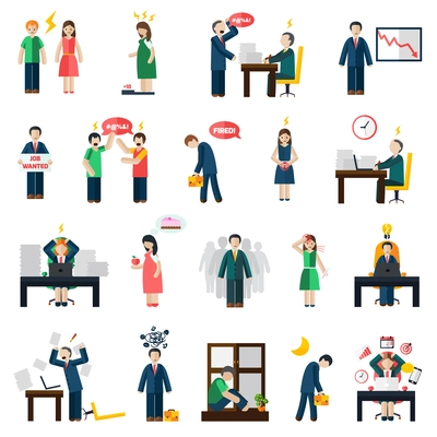 Work and job loss related stress and depression symptoms mental health icons set abstract isolated vector illustration