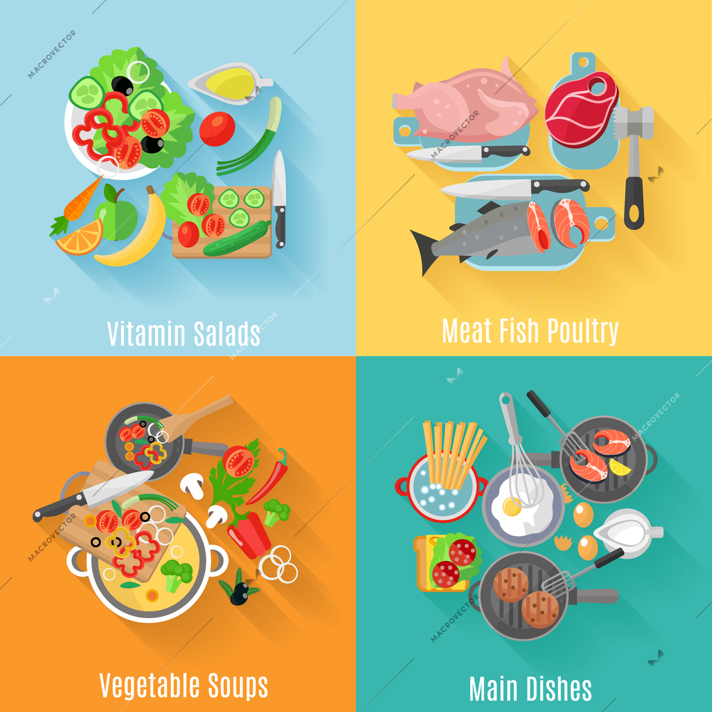 Home cooking salads main dishes and vegetarian soup 4 flat icons square composition banner abstract isolated vector illustration. Editable EPS and Render in JPG format