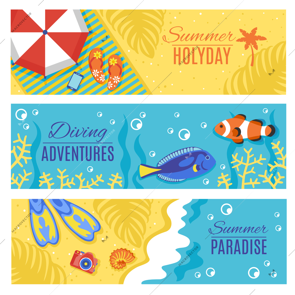 Summer paradise holiday adventures horizontal flat banners set with swimming and diving accessories abstract isolated vector illustration