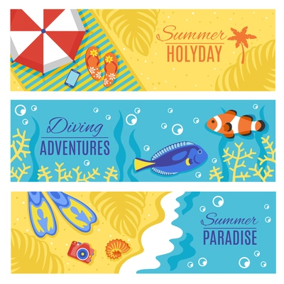 Summer paradise holiday adventures horizontal flat banners set with swimming and diving accessories abstract isolated vector illustration