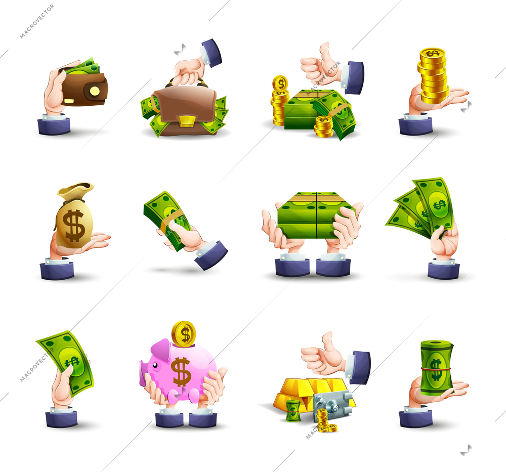 Cash payment methods hands icons set with pig savings box and green banknotes abstract vector isolated illustration