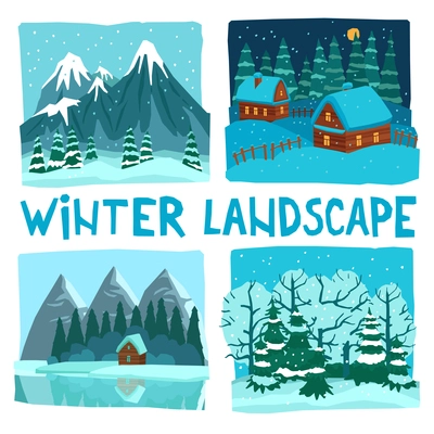 Winter landscape in digital graphic or video game style flat color concept isolated vector illustration