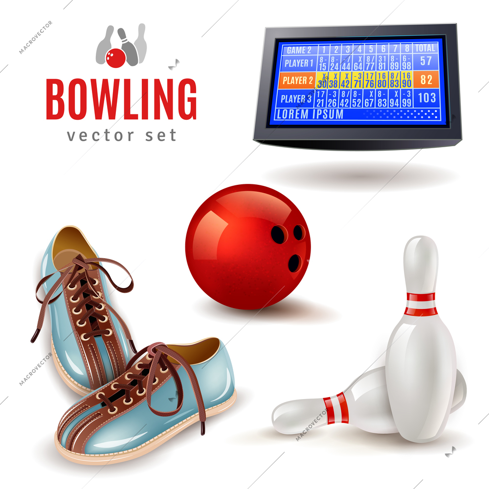 Bowling realistic icons set with shoes ball and pins isolated vector illustration