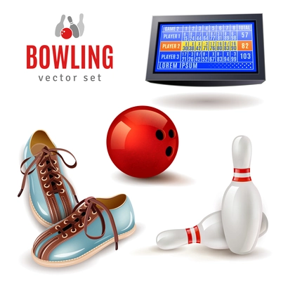 Bowling realistic icons set with shoes ball and pins isolated vector illustration