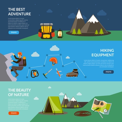 Camping adventure horizontal banner set with hiking equipment elements isolated vector illustration