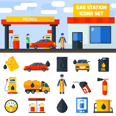 Gas petroleum diesel fuel service station banner and icons set composition poster flat abstract isolated vector illustration