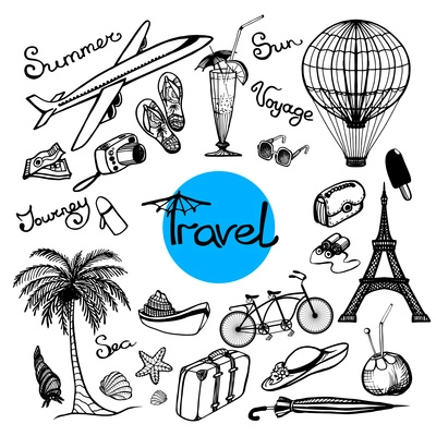 Travel doodle set with glasses cocktail baggage map isolated vector illustration