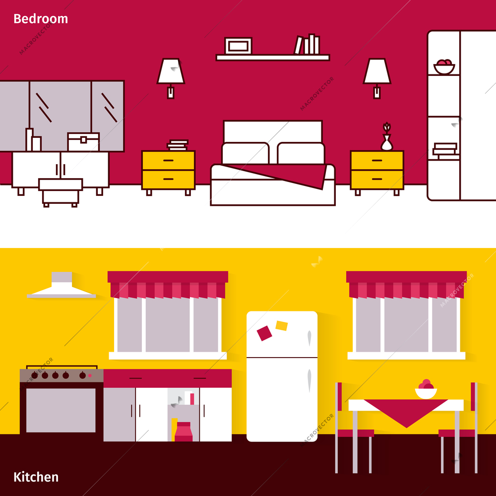 Interior horizontal banners set with bedroom and kitchen design flat isolated vector illustration