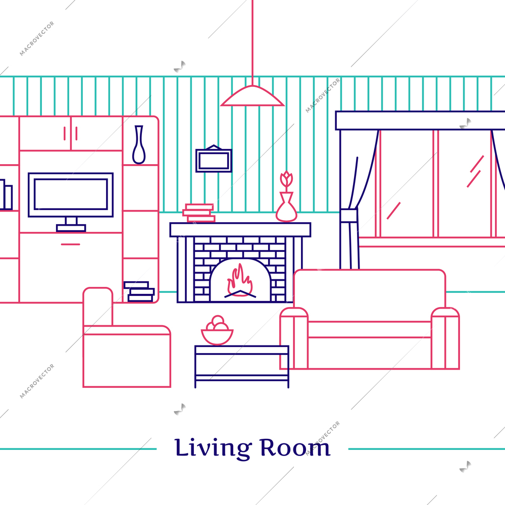 Living room line design with fireplace armchair  sofa and TV flat vector illustration