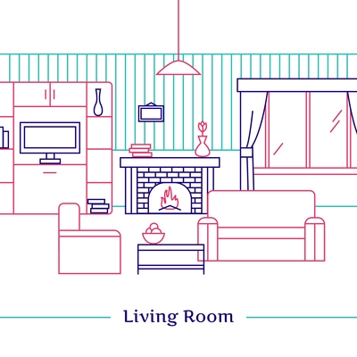 Living room line design with fireplace armchair  sofa and TV flat vector illustration