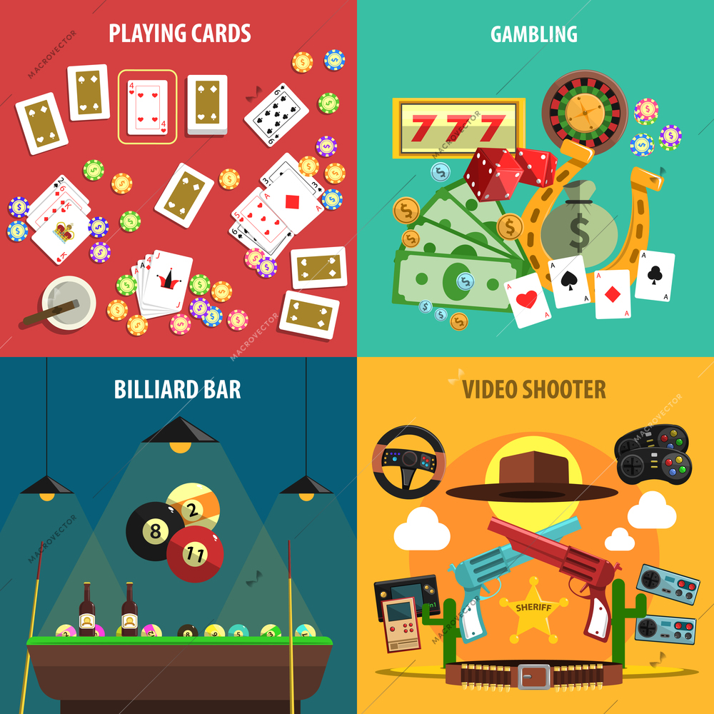 Playing games square banners set with cards gambling billiards and video flat isolated vector illustration