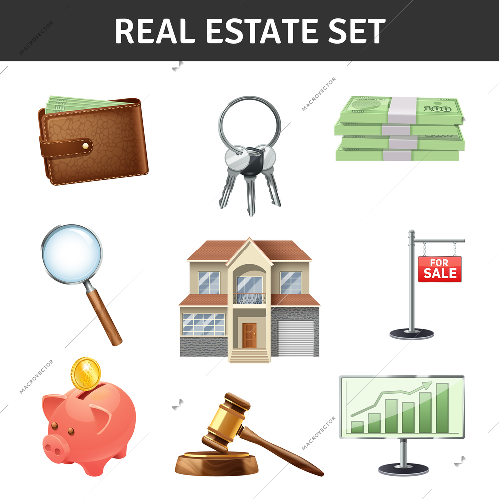 Real estate realistic icons set with house keys and money isolated vector illustration