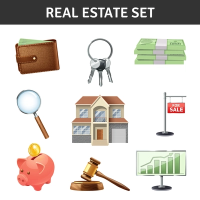 Real estate realistic icons set with house keys and money isolated vector illustration