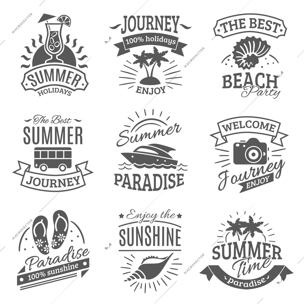 Summer holiday travel agencies labels set with best journeys to tropical beach black abstract isolated vector illustration