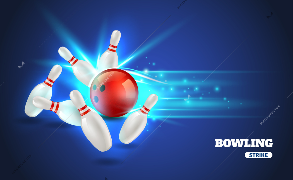 Bowling strike with ball and bowling pins on blue background realistic vector illustration