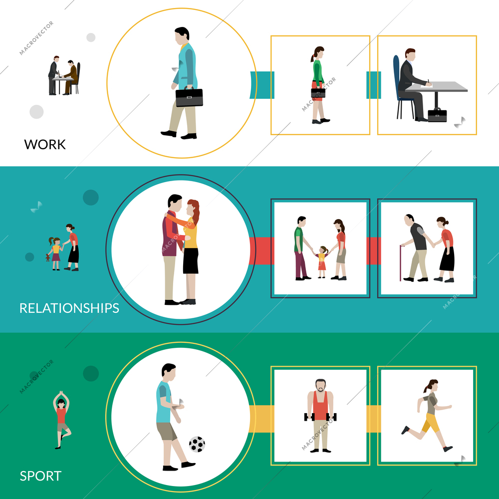 Lifestyle horizontal banner set with work relationship and sport elements isolated vector illustration