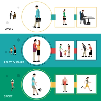 Lifestyle horizontal banner set with work relationship and sport elements isolated vector illustration