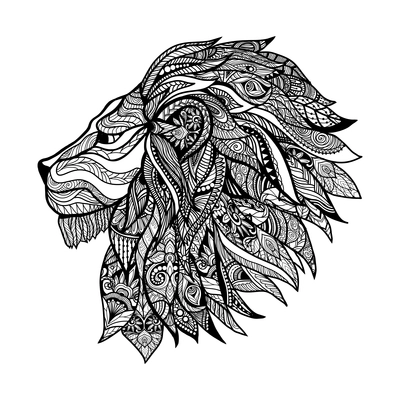 Hand drawn decorative lion head with floral ornament vector illustration