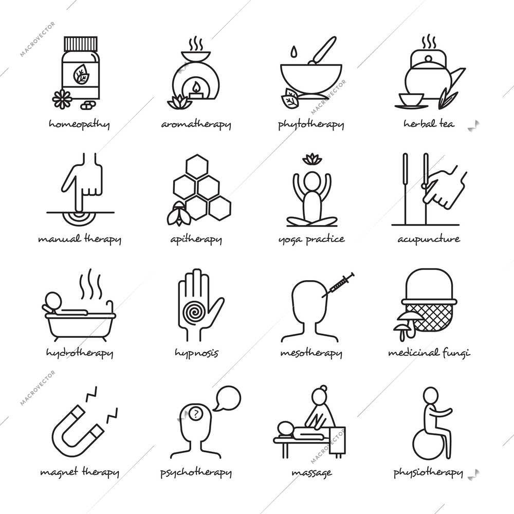 Alternative medicine black white line icons set with homeopathy yoga and hypnosis symbols flat isolated vector illustration
