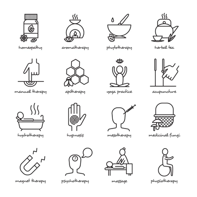 Alternative medicine black white line icons set with homeopathy yoga and hypnosis symbols flat isolated vector illustration