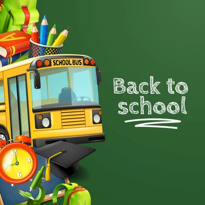 Back to school green background with bus pencils books and clock realistic vector illustration