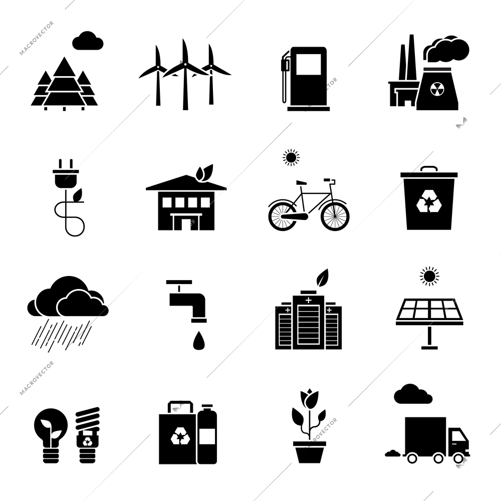 Ecology black white icons set with environment and polls symbols flat isolated vector illustration