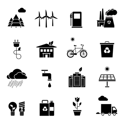 Ecology black white icons set with environment and polls symbols flat isolated vector illustration