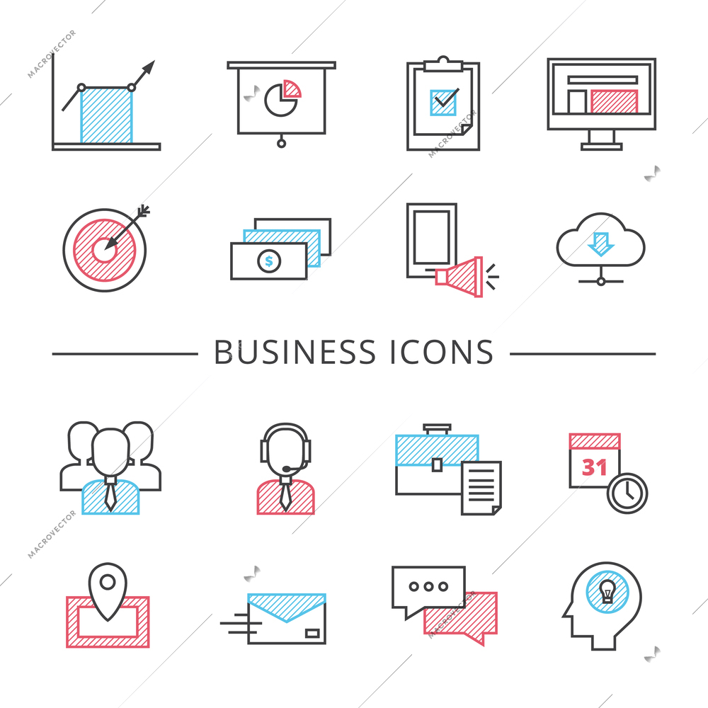 Business line icons set with brainstorming teamwork and targets flat isolated vector illustration