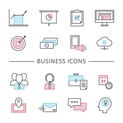 Business line icons set with brainstorming teamwork and targets flat isolated vector illustration