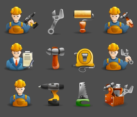 Construction remodeling and renovation service isometric icons collection with tools and worker character abstract isolated vector illustration