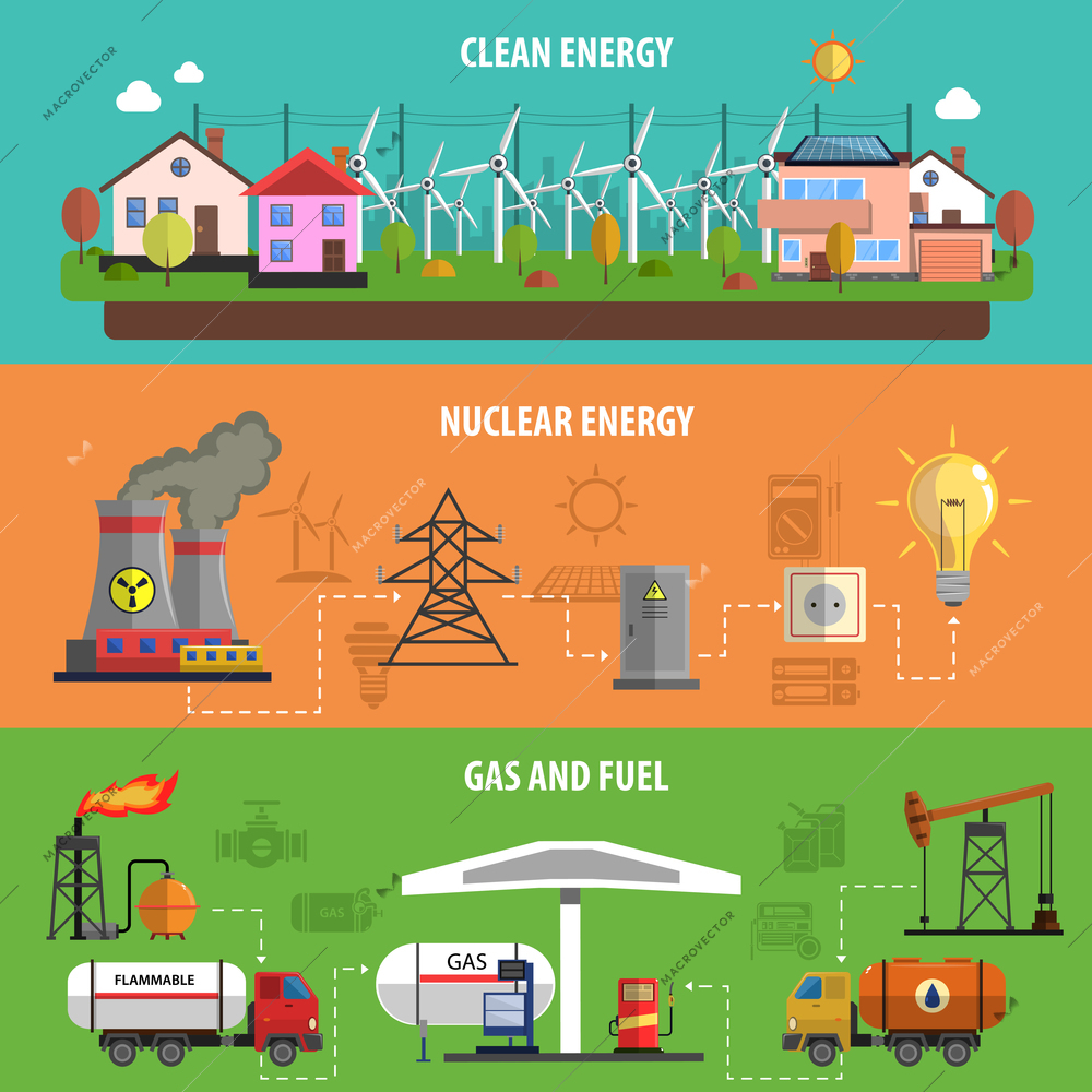 Power and energy horizontal banners set with gas and fuel flat isolated vector illustration