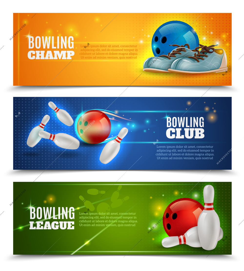 Bowling horizontal banners set with bowling champ club and leagues symbols realistic isolated vector illustration