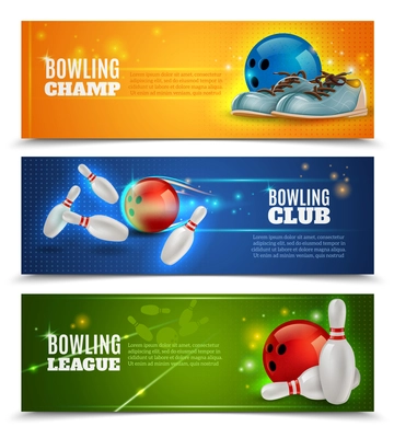 Bowling horizontal banners set with bowling champ club and leagues symbols realistic isolated vector illustration