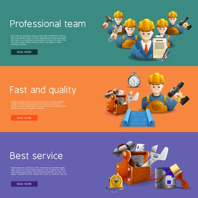 Best quality and time professional remolding service team offer isometric horizontal banners set abstract isolated vector illustration