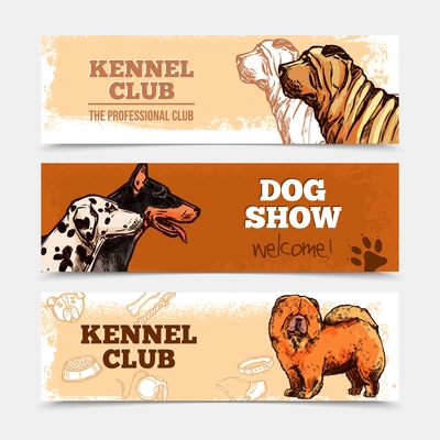 Dog club horizontal banners set with hand drawn breeds isolated vector illustration