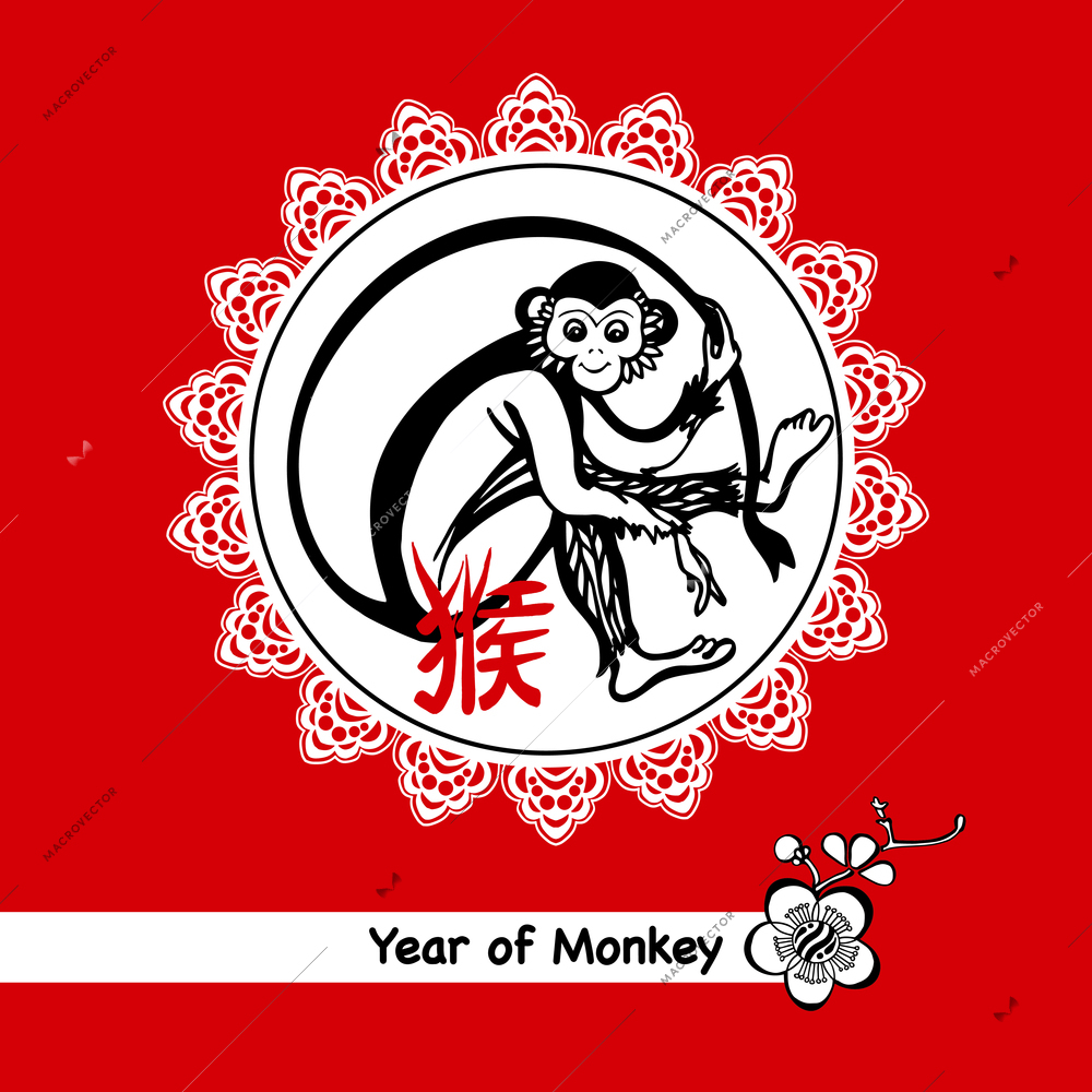 Year of monkey 2016 postcard with chinese zodiac symbol  on red background vector illustration