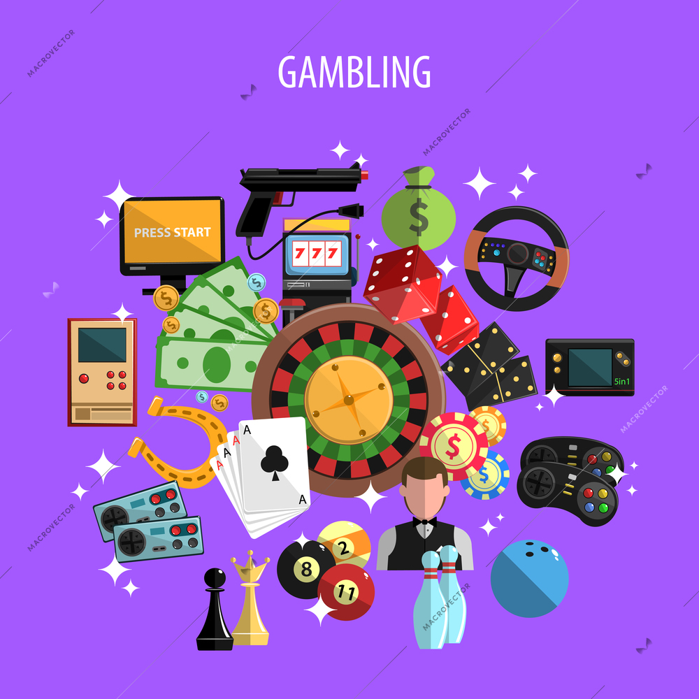 Gambling and games concept with roulette cards and bowling on violet background flat vector illustration