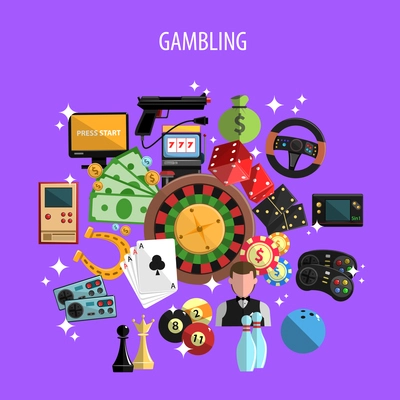 Gambling and games concept with roulette cards and bowling on violet background flat vector illustration