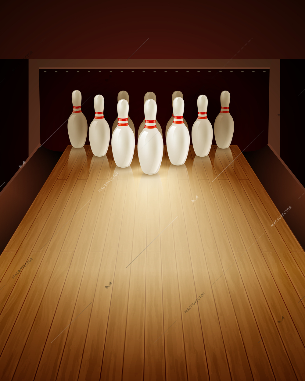 Bowling game with bowling lane ten pins and ball realistic vector illustration